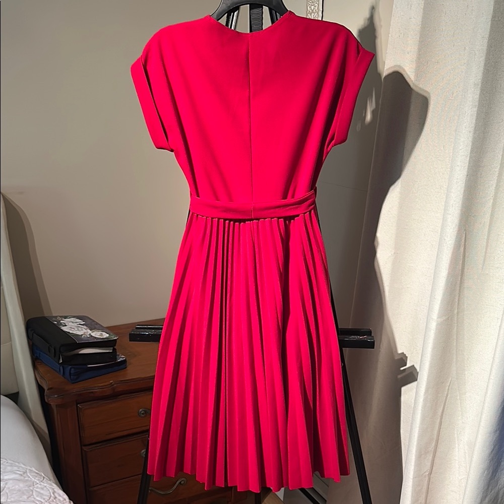 Red Midi Dress with Pleated Skirt and Tie - Picture 3 of 3